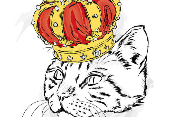 <strong>皇冠</strong>上有趣的猫。 卡片或<strong>海报</strong>的矢量插图。 衣服或配饰上的指纹。