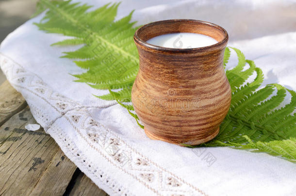 陶瓷水壶，新鲜的新牛奶，在<strong>正宗</strong>的亚麻桌布和绿色蕨类植物叶子上。 夏天的早晨仍然是生命