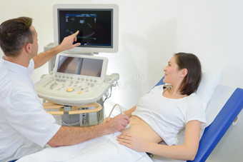 医生在临床上对腹部孕妇进行超声检查图片
