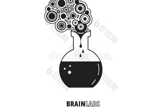大脑实验室标志模板设计与圆形灯泡。 矢量插图