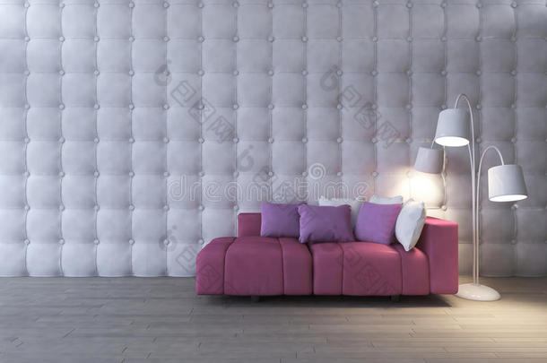 客厅和粉色沙发的3d室内设计