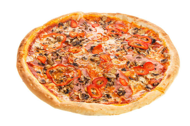 美味的经典意大利比萨饼，火腿，蔬菜，蘑菇和奶酪