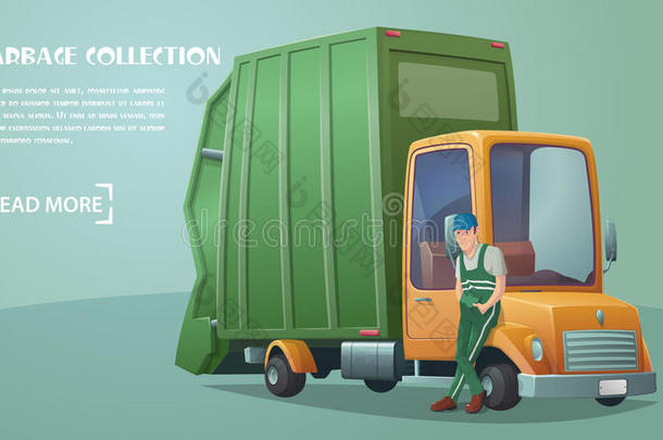 垃圾收集服务。 服务垃圾收集的员工。 复古垃圾车