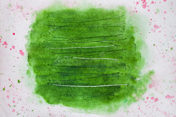 抽象背景画，手绘时尚的绿色阴影颜色与划痕。 水彩纸的纹理