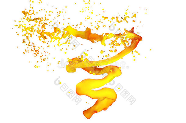 橙汁漩涡的三维插图，果汁漩涡。 多汁的龙卷风孤立在白色上