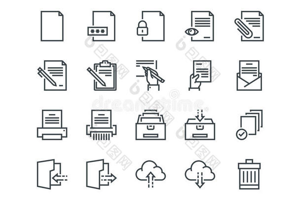 文件。 一组大纲矢量图标。 包括打印机、碎纸机、文件夹、存档、手写等。
