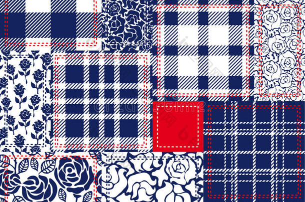 蓝色，白色和红色<strong>拼凑</strong>。 波西米亚风格的拼贴由棉皮制成。