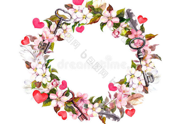 花圈框架-粉红色的花，波霍的<strong>羽毛</strong>，心和老式的钥匙。 情人节水彩画，<strong>婚礼</strong>