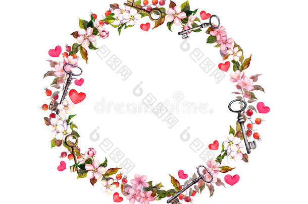 花圈，粉红色的花，心，钥匙。 情人节，婚礼的水彩画圈边界