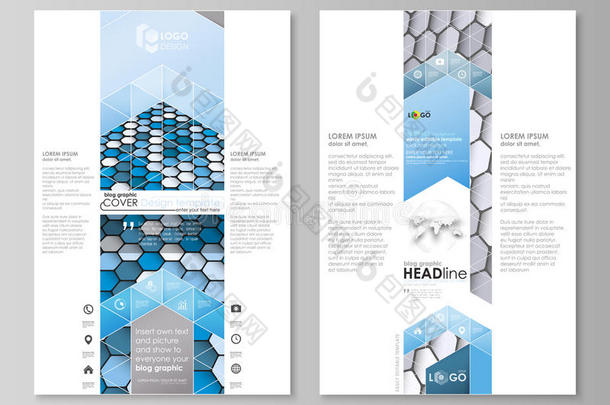 博客图形业务模板。 页面网站设计模板，易于编辑矢量布局。 蓝色和灰色六边形