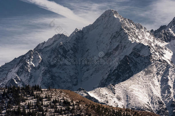 美丽的冬季风景的大雪山山峰