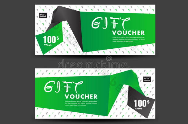 绿色礼品券矢量插图，折扣模板