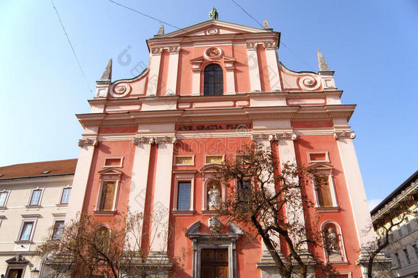 弗朗西斯坎教堂的报喜，迷人的粉红色教堂在普里塞伦广场在卢布尔雅那