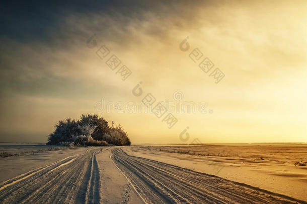 迷人的冬季景观和日落雪域雾