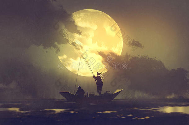 渔<strong>船</strong>上有鱼竿的渔民和背景上有大<strong>月亮</strong>的渔民