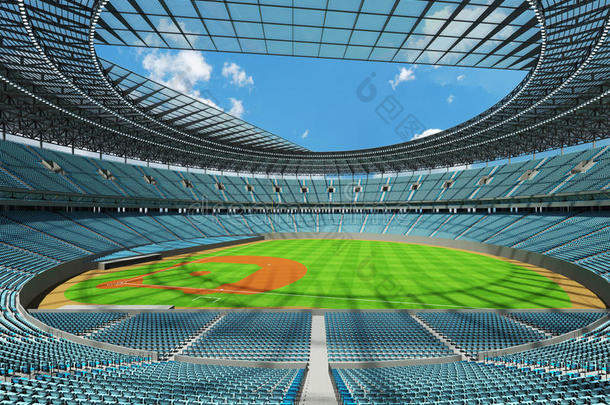 棒球场的三维渲染与天蓝色座位和VIP盒