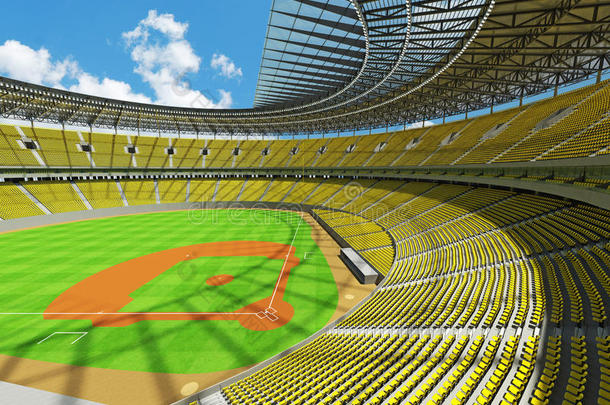 棒球场的三维渲染与黄色座位和VIP盒