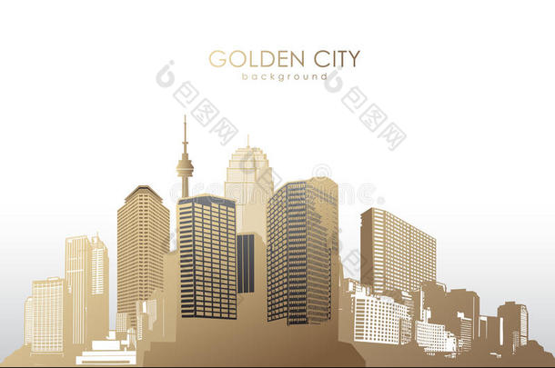 金色的城市景观与摩天大楼在白色的背景。