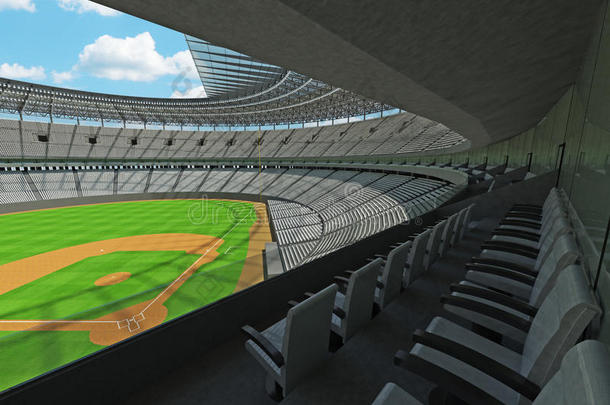 棒球场的三维渲染与白色座位和VIP盒