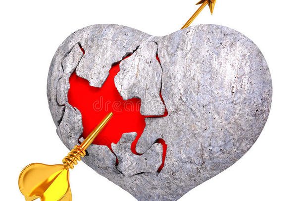破碎的石头心里面有红色，丘比特`的箭头，3D再