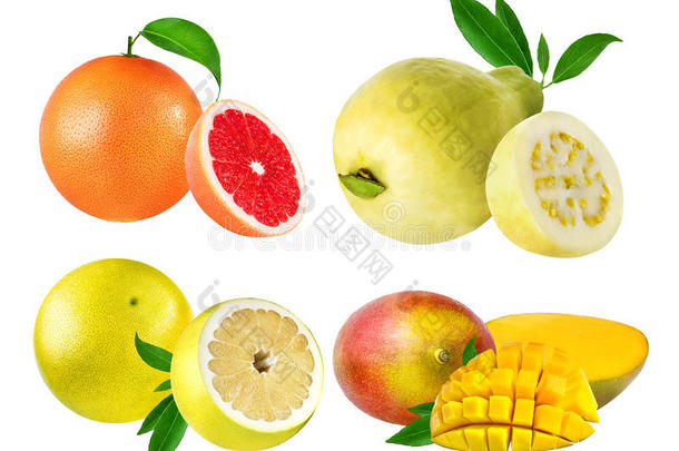 柚子，番石榴，柚子，芒果隔离在白色上