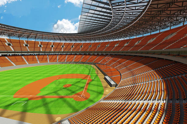 棒球场的三维渲染与橙色座位和VIP盒