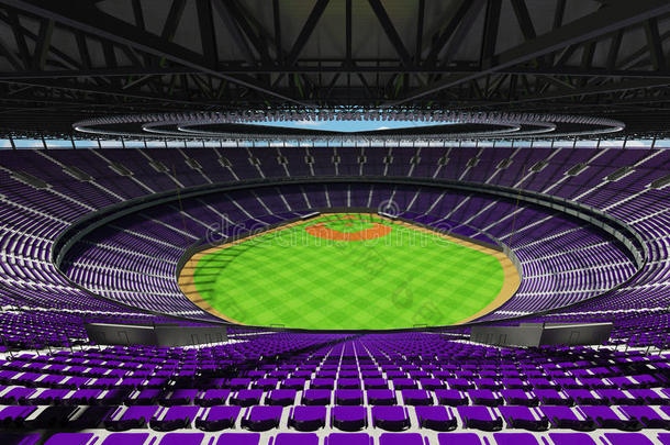 带有紫色座椅和<strong>VIP</strong>盒的棒球场的三维渲染