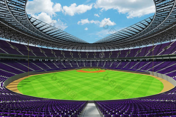 带有紫色座椅和<strong>VIP</strong>盒的棒球场的三维渲染