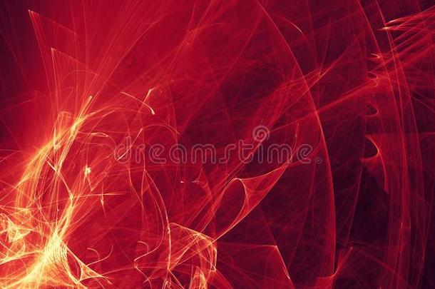 抽象的红色，橙色，金色的光在黑暗的背景上发光，光束，形状