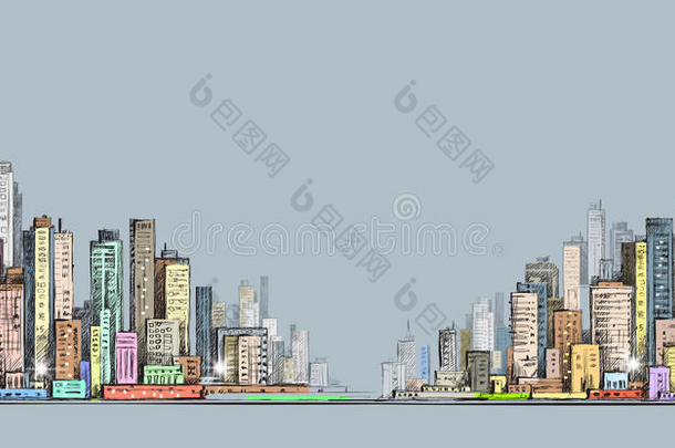 城市全景，手绘城市景观，矢量图建筑插图
