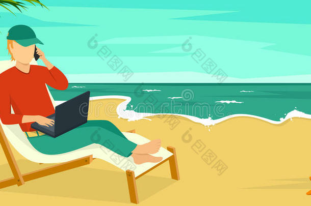 最好的工作概念，海滩，夏天的海洋与人和笔记本电脑