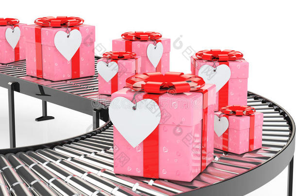 礼品递送概念。 华丽的心纸礼品盒和心标签上的输送机在仓库。 三维渲染