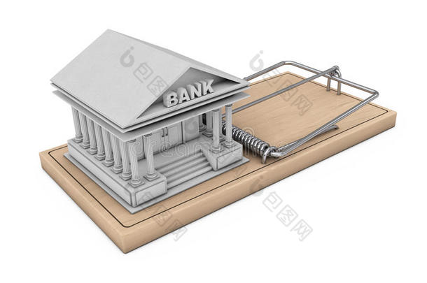 信用风险概念。 建在木制捕鼠器上的银行大楼。 三维渲染