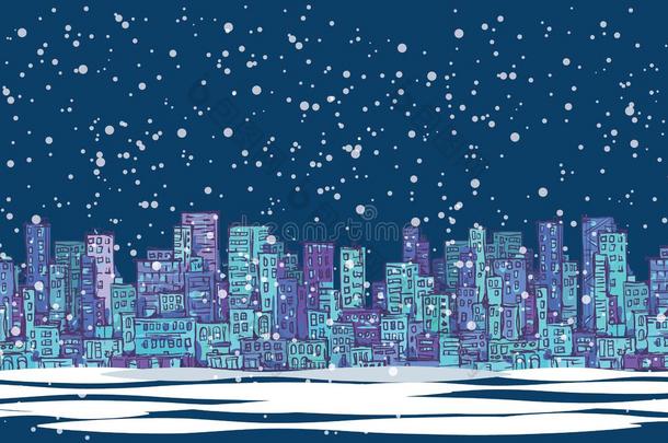 城市天际线全景，冬季雪景<strong>夜</strong>间，<strong>手绘</strong>城市景观