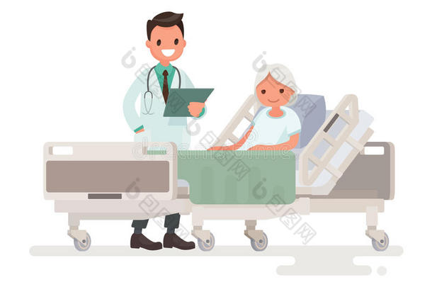 医生`看望躺在病房里的病人老年妇女