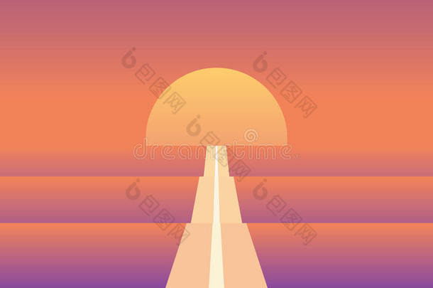 无尽的道路在日落抽象矢量插图。 材料和现代复古设计与阳光和明<strong>亮</strong>的<strong>橙色</strong>。