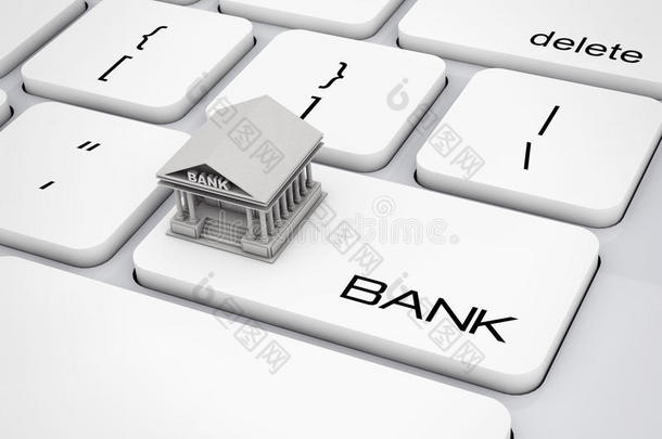 银行大楼的电脑键盘上有<strong>银行标志</strong>。三维渲染