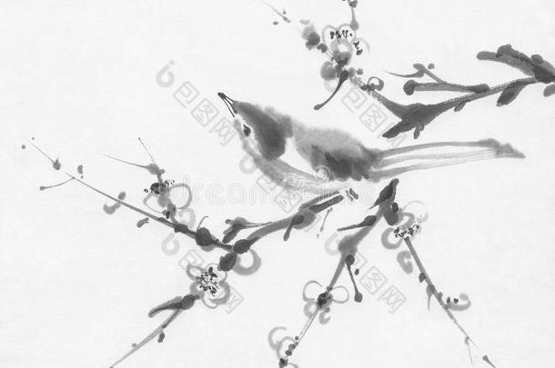 鸟在樱桃树枝上的苏米-e墨画