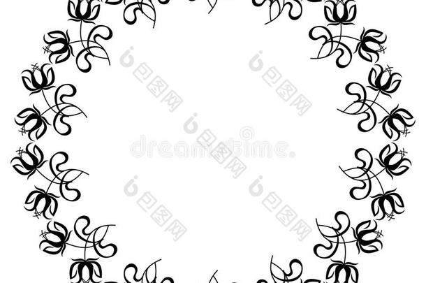 黑白圆形框架与花卉剪影