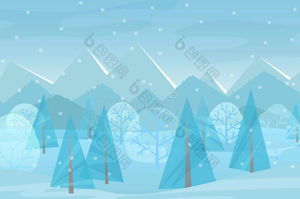 美丽的圣诞<strong>冬季</strong>平坦的景观<strong>背景</strong>。 带有山脉的圣诞森林树林。 新年<strong>冬季</strong>矢量