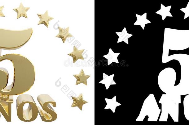 金数字五和年字，装饰星星。 翻译自西班牙语。 三维插图