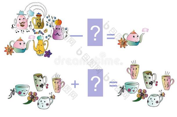 儿童教育游戏。 数学减法和加法的卡通插图。