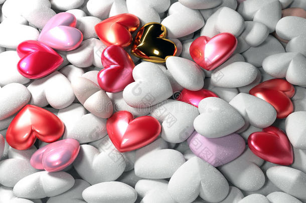 金色和红色的发光的心在白色的糖心的背景上。 情人节美丽`节日背景。