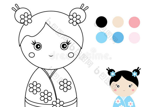 用可爱的日本Kokeshi娃娃着色页面。 儿童教育游戏