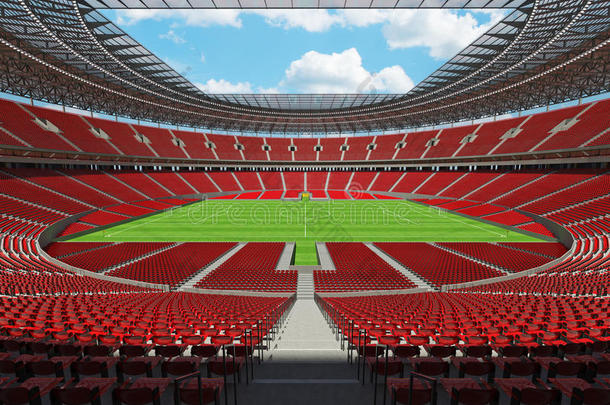三维渲染一个圆形足球体育场与红色座位和VIP盒