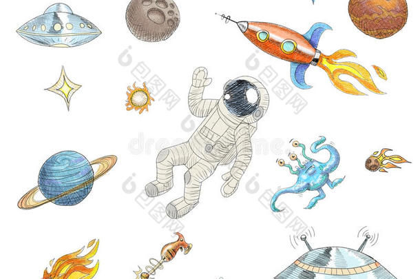 绘制彩色空间物体：宇航员、外星人、UFO、宇宙飞船、彗星、行星和恒星。