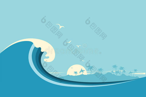 <strong>大海浪</strong>和热带岛屿。 矢量蓝色背景