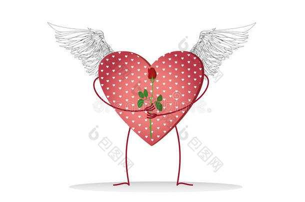 装饰的心与图形的翅膀和腿，拿着一朵红色的玫瑰