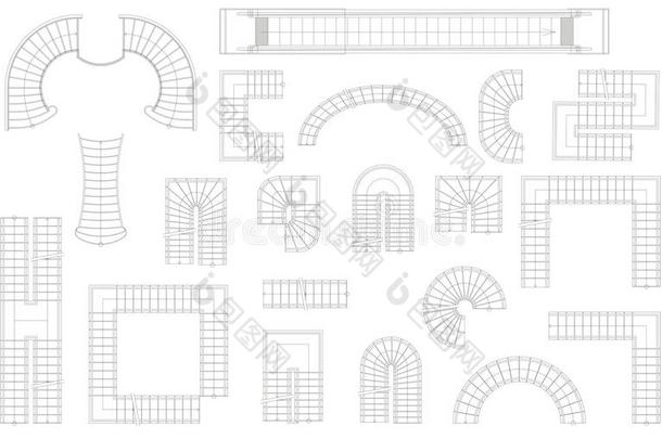 不同形式的楼梯图形集。 上面的风景。 矢量插图。 在白色背景上隔离
