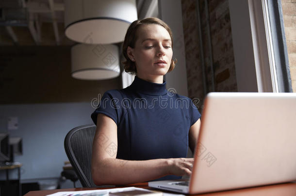 女商人坐在靠窗的桌子旁，在做笔记本电脑